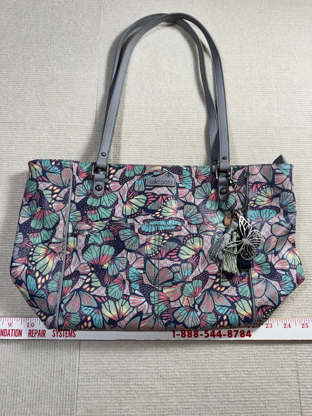 Sakroots Metro Tote Butterfly Bloom Print Coated Canvas Shoulder Bag Zip